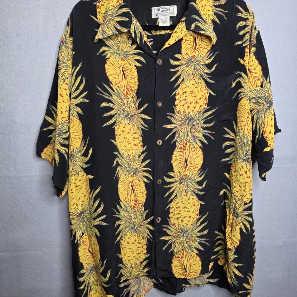 VTG Avanti Men’s Hawaiian Pineapple Silk Button SS Shirt Black Gold Size XXL